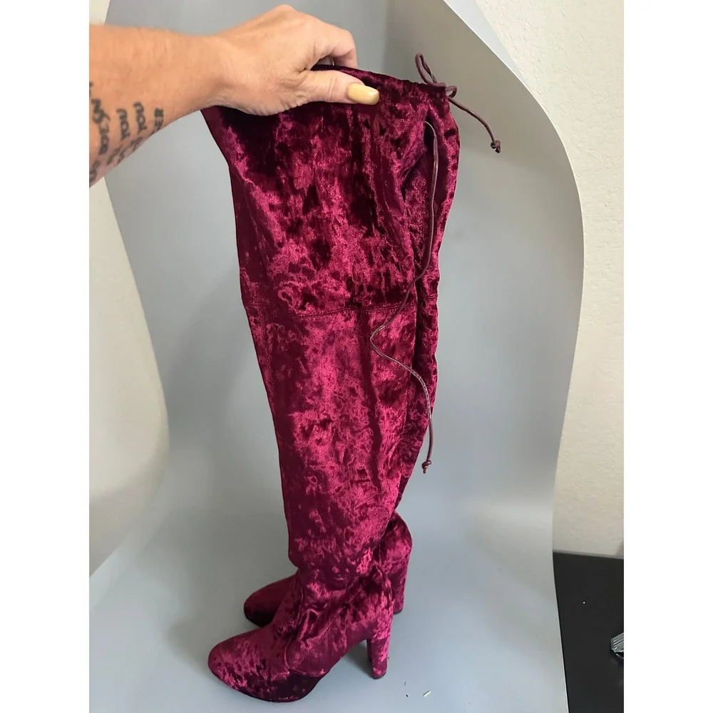 Burgundy Crushed Velvet Over The Knee Boots Block Heel Pointed Toe Size 7.5